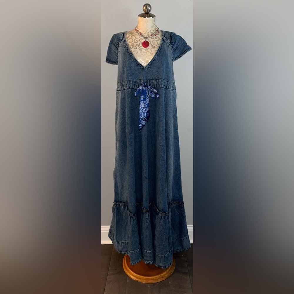 Free People Roucha Size Small Denim Blue Shadow Bandana-Tie Ruffled Hem Maxi